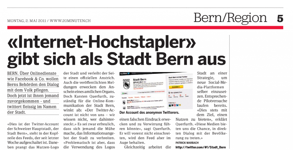 «Internet-Hochstapler» - Artikel in der Berner Ausgabe von 20 Minuten am 2. Mai 2011