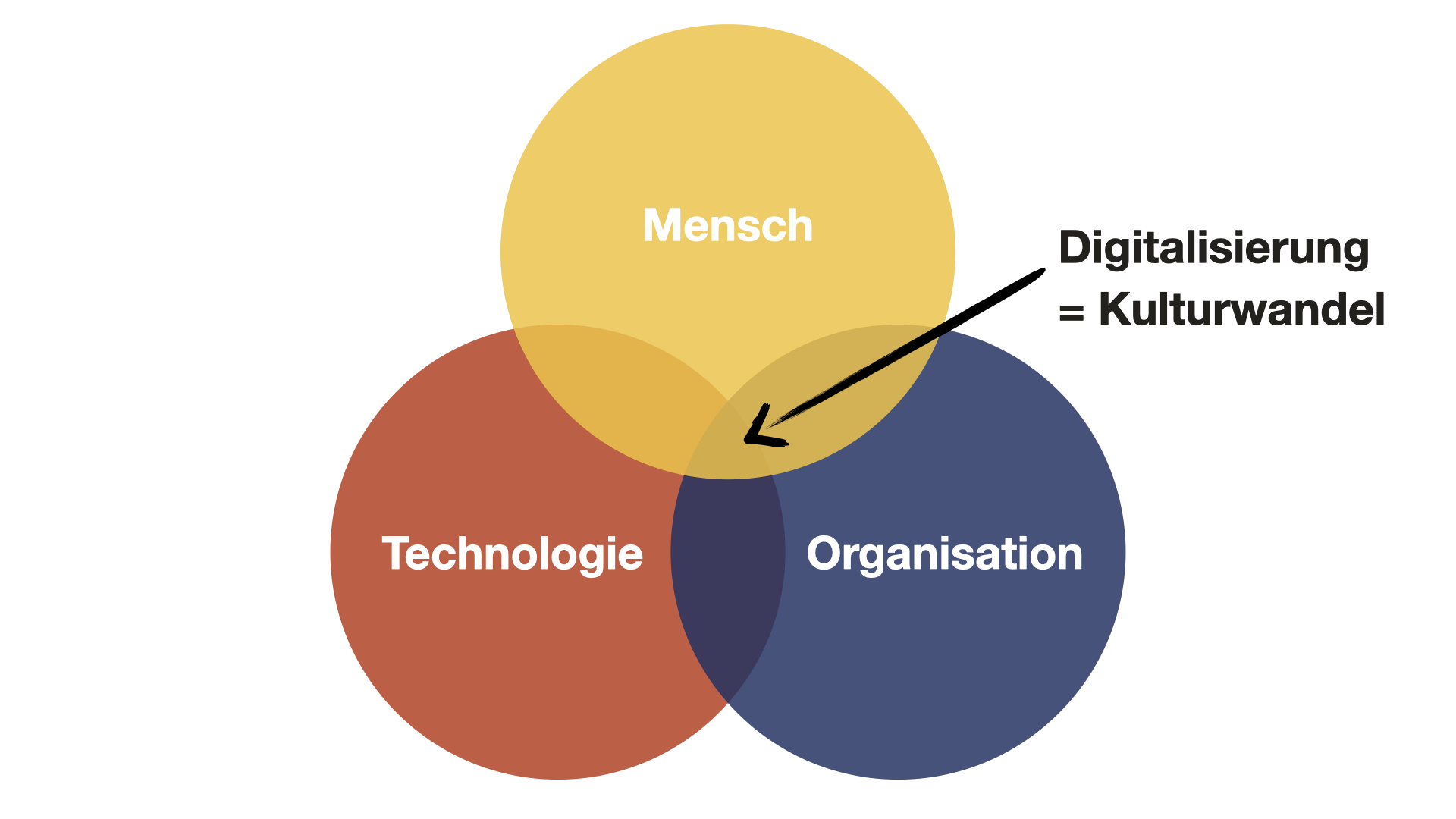 3-Kreise-Modell von Konrad Weber zur Erläuterung der Strategiearbeit: Technologie, Mensch und Organisation überschneiden sich – in der Mitte findet die Digitalisierung als Kulturwandel statt.