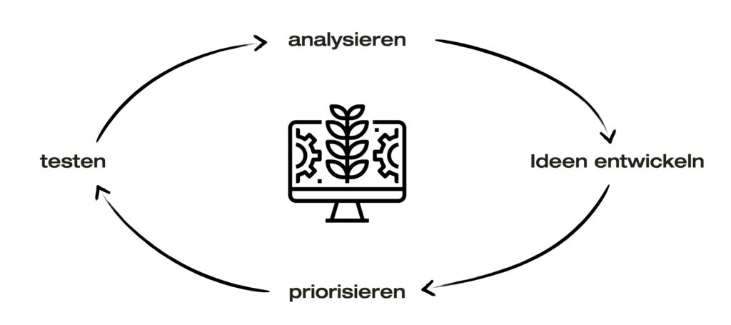 Iteratives Kreislaufmodell mit den vier Schritten «analysieren», «Ideen entwickeln», «priorisieren» und «testen».