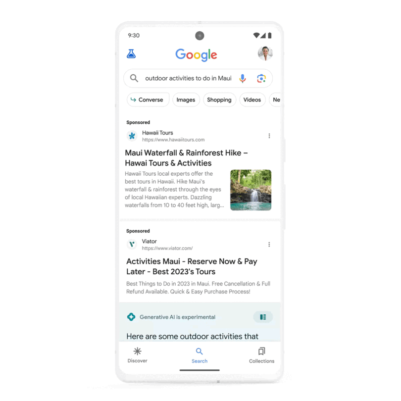 Eine erste Visualisierung zeigt, wie die Search Generative Experience von Google dereinst auf dem Smartphone aussehen könnte.