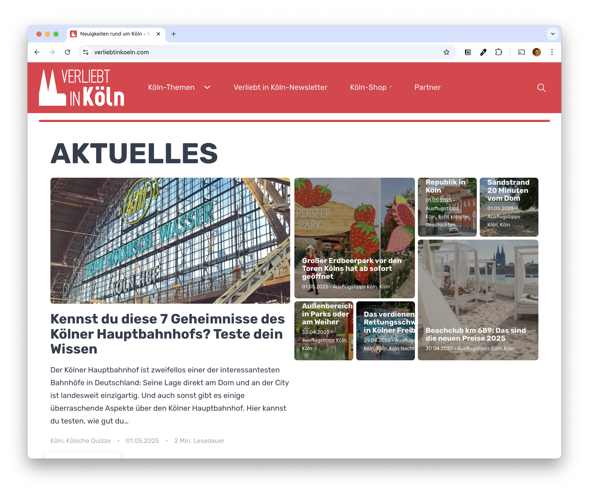 Evergreen-Inhalte und eine konsequente Community-Strategie: Ein Screenshot der Startseite von «Verliebt in Köln».