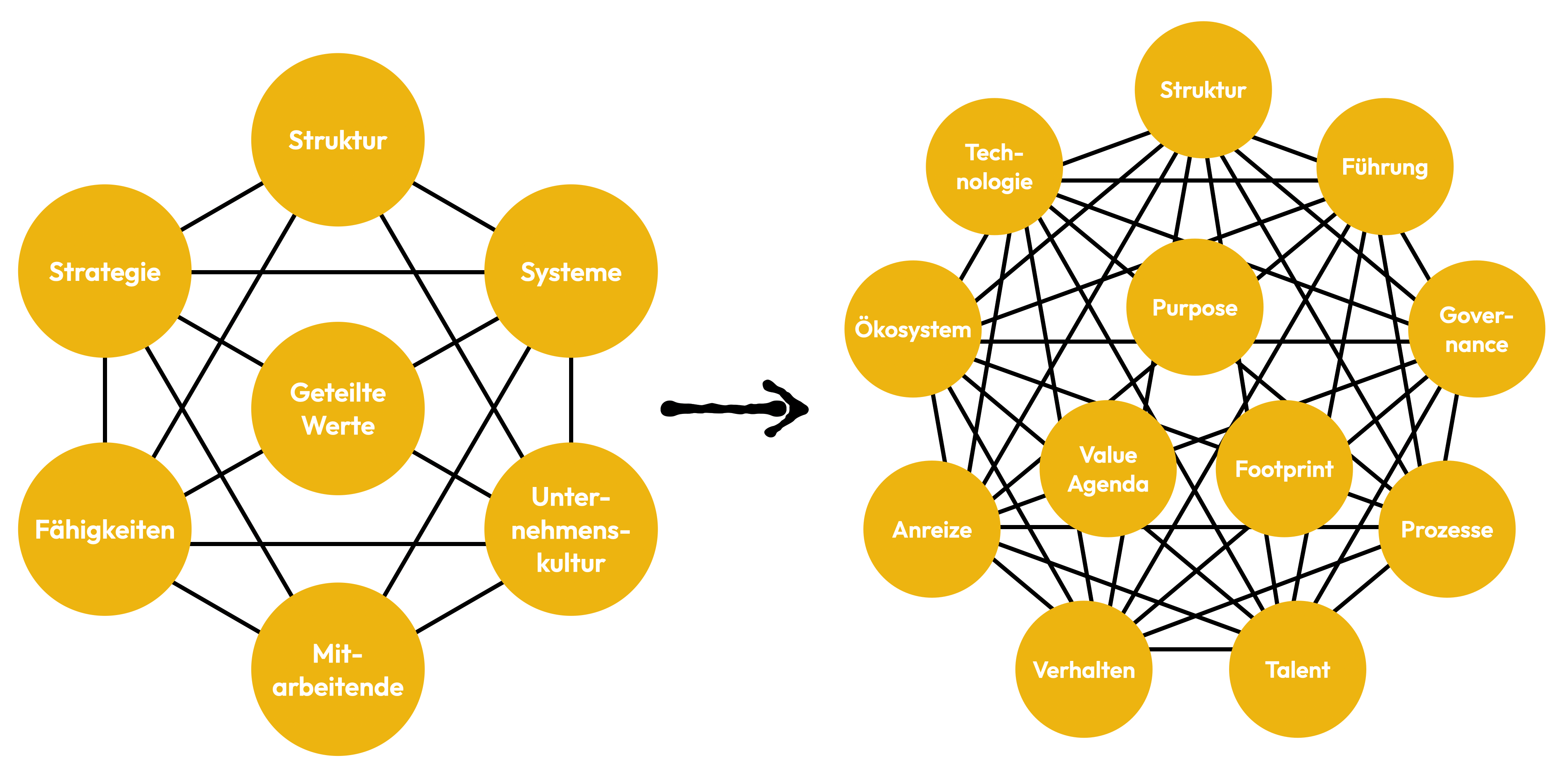 Die Organisation auf Werte ausrichten: Das bekannte 7-S-Modell von McKinsey wurde um weitere Elemente zum neuen 'Organize to Value'-Modell ergänzt.