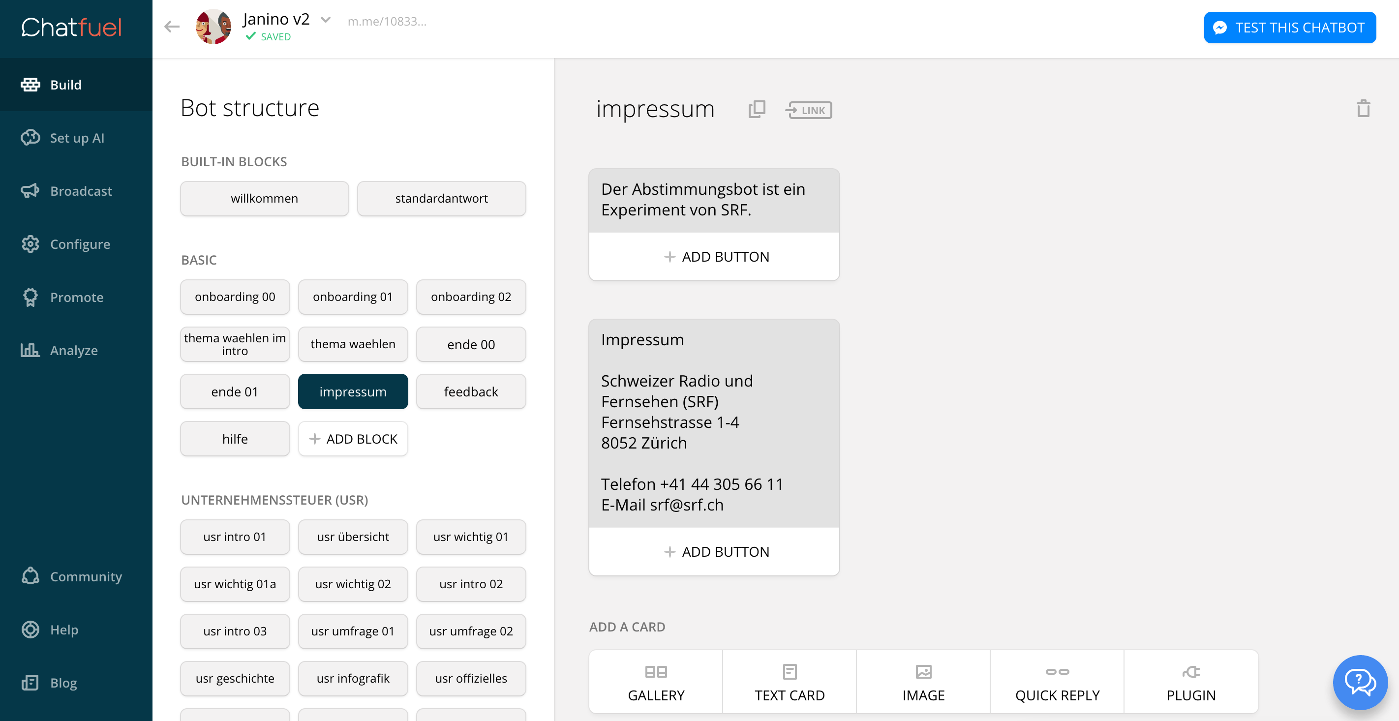 So sieht «Janino – der Abstimmungsbot» im Hintergrund aus: Chatfuel dient als Backend.
