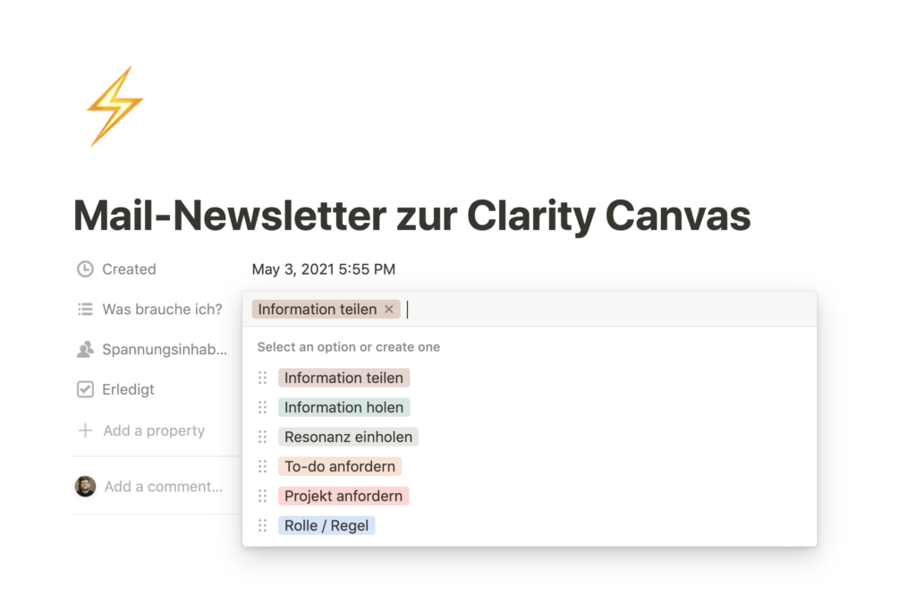 Bildschirmfoto einer «Spannung» bei Neue Narrative mit der Frage «Was brauche ich?» und vordefinierten Kategorien: 'Information teilen', 'Information holen', 'Resonanz einholen', 'To-do anfordern', 'Projekt anfordern', 'Rolle / Regel'.