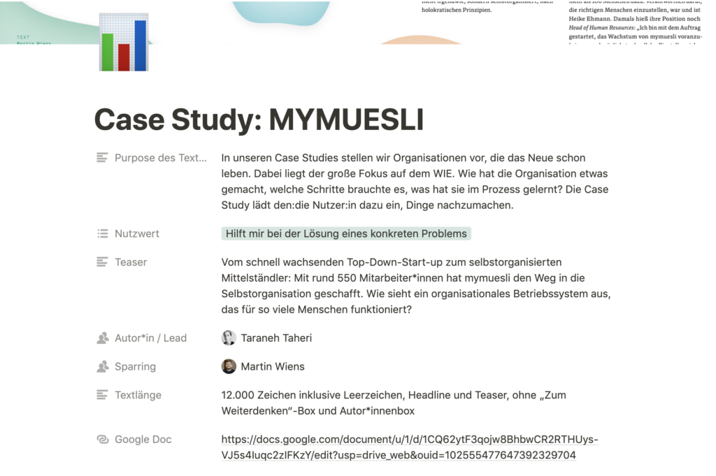 Bildschirmfoto einer Artikel-Vorlage mit den vordefinierten Kategorien: 'Purpose des Textes', 'Nutzwert', 'Teaser', 'Autor:in / Lead', 'Sparring', 'Textlänge'.